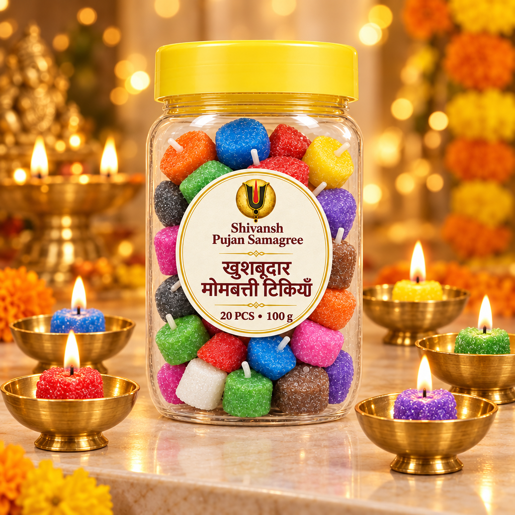 Multicolor scented candle tikkis burning in brass diya bowls beside a 20-piece jar during Diwali