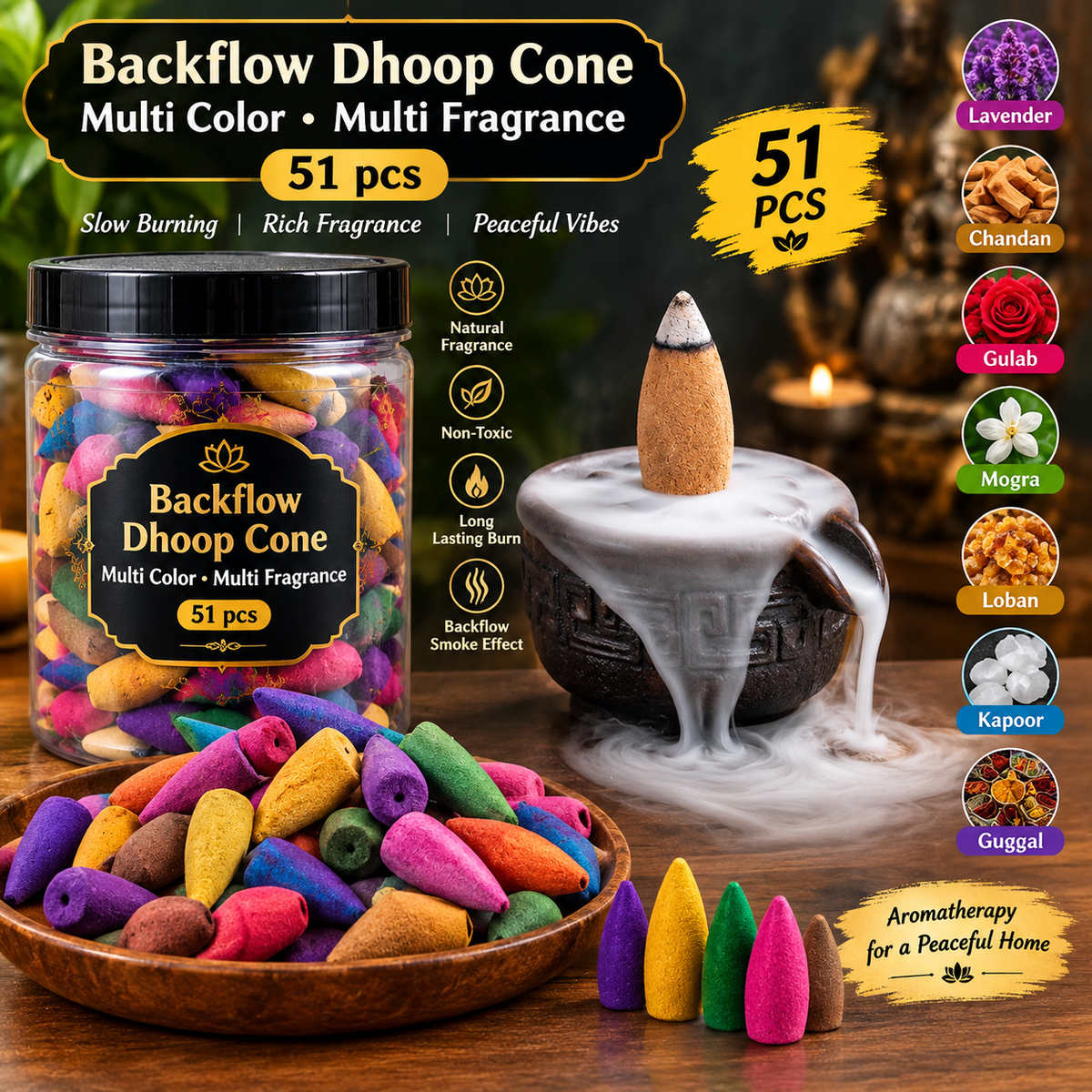 Backflow Dhoop Cones - 51 Pcs | Choose Sandalwood, Camphor, Jasmine or Lavender